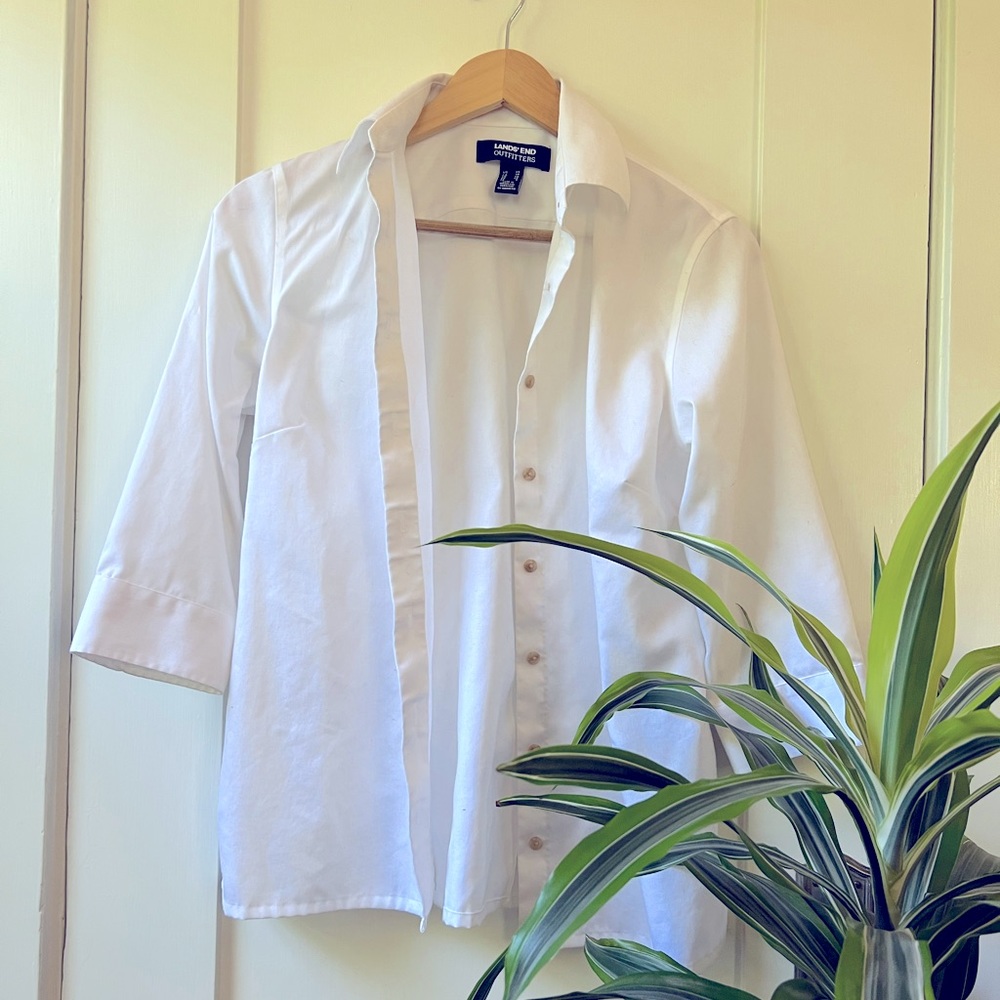 White Land’s End Coastal Grandma Button Shirt 3/4 Sleeves